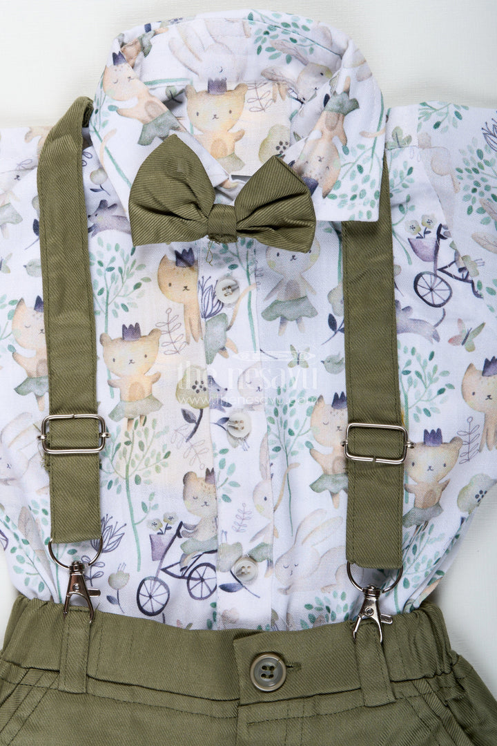 The Nesavu Boys Casual Set Green Shirt and Shorts Set for Boys in Cotton with Nature-Themed Animal Print and Olive Green Bottoms Nesavu Nesavu Green Shirt Shorts Set Boys Forest Animal Digital Print Olive Suspenders