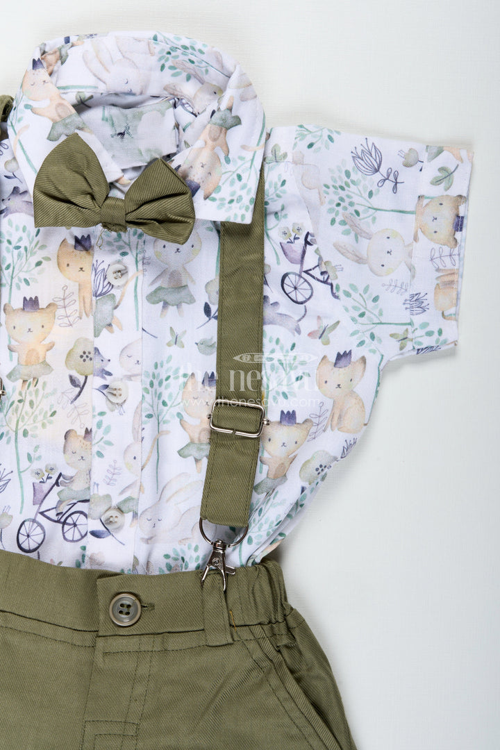 The Nesavu Boys Casual Set Green Shirt and Shorts Set for Boys in Cotton with Nature-Themed Animal Print and Olive Green Bottoms Nesavu Nesavu Green Shirt Shorts Set Boys Forest Animal Digital Print Olive Suspenders