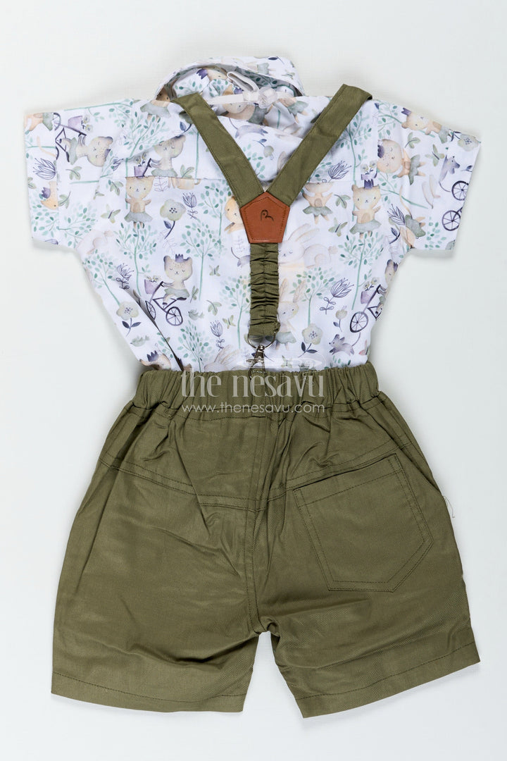 The Nesavu Boys Casual Set Green Shirt and Shorts Set for Boys in Cotton with Nature-Themed Animal Print and Olive Green Bottoms Nesavu Nesavu Green Shirt Shorts Set Boys Forest Animal Digital Print Olive Suspenders