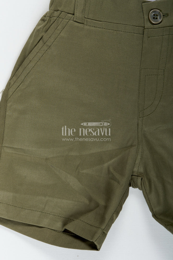 The Nesavu Boys Casual Set Green Shirt and Shorts Set for Boys in Cotton with Nature-Themed Animal Print and Olive Green Bottoms Nesavu Nesavu Green Shirt Shorts Set Boys Forest Animal Digital Print Olive Suspenders