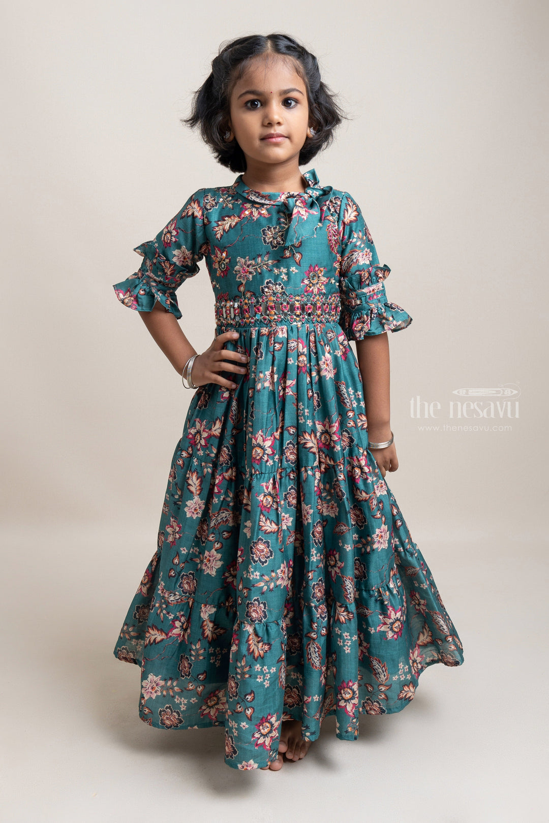 The Nesavu Party Gown Green Silk Cotton Floral Printed Anarkali For Little Girls Nesavu 18 (2Y) / Green / Mashru Silk GA126 Silk Cotton Anarkali For Baby Girls | Ethnic Wear Dresses | The Nesavu