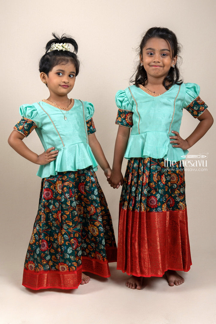 The Nesavu Pattu Pavadai Green Silk Pattu Pavadai with Floral Cuffs and Banarasi Border for Girls Nesavu Green Silk Pattu Pavadai with Floral Cuffs and Banarasi Border for Girls | The Nesavu