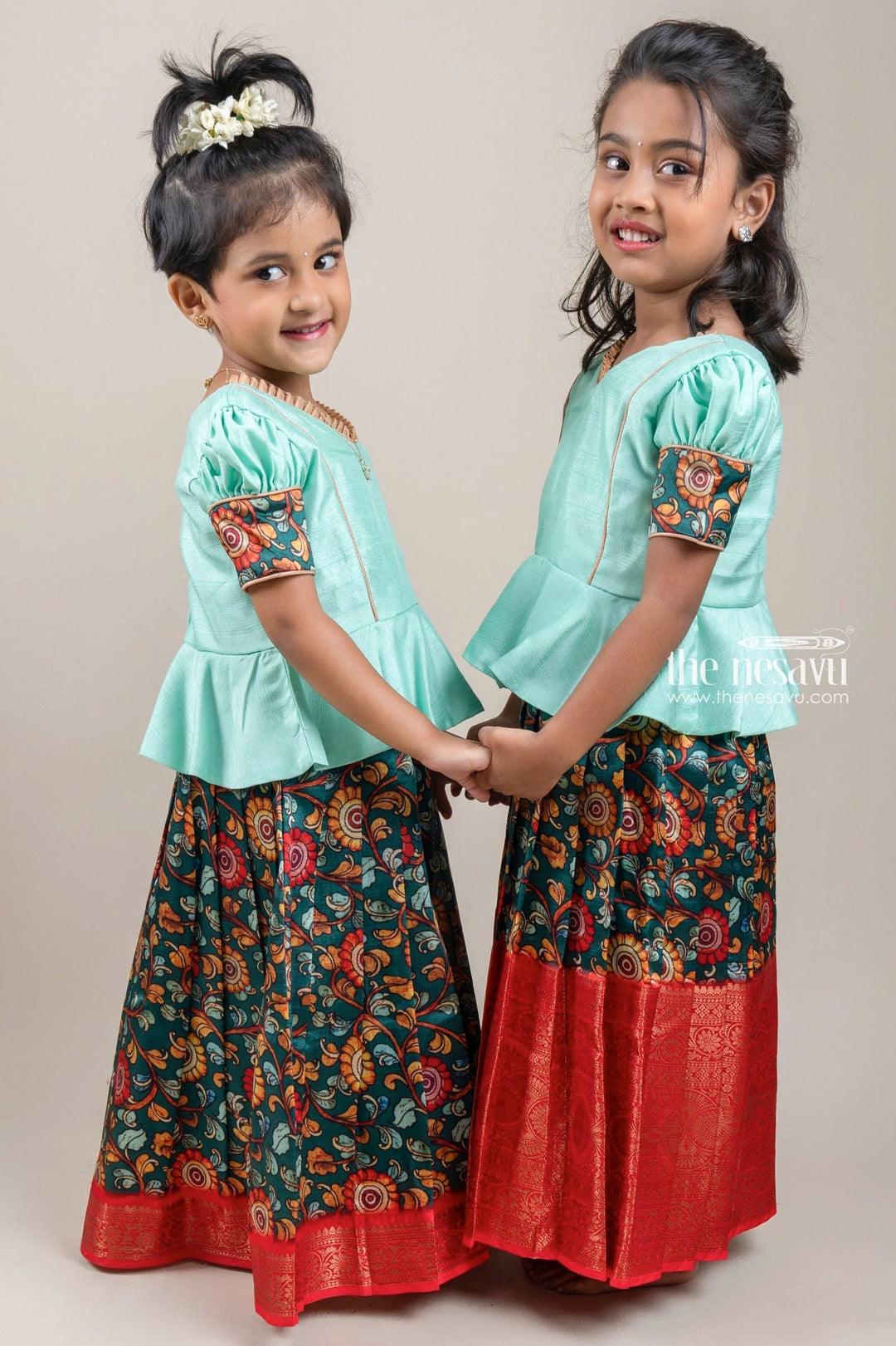 The Nesavu Pattu Pavadai Green Silk Pattu Pavadai with Floral Cuffs and Banarasi Border for Girls Nesavu Green Silk Pattu Pavadai with Floral Cuffs and Banarasi Border for Girls | The Nesavu