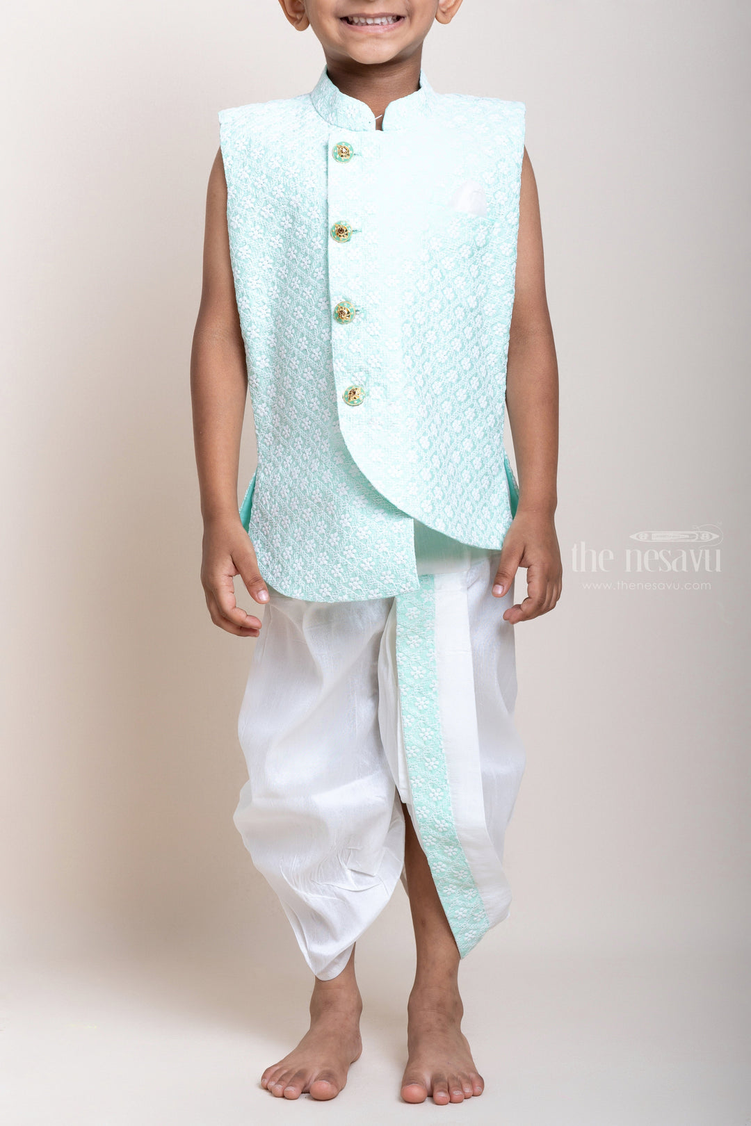 The Nesavu Boys Dothi Set Green Sleeveless Floral Embroidery Kurta With Striped White Dhoti For Boys psr silks Nesavu