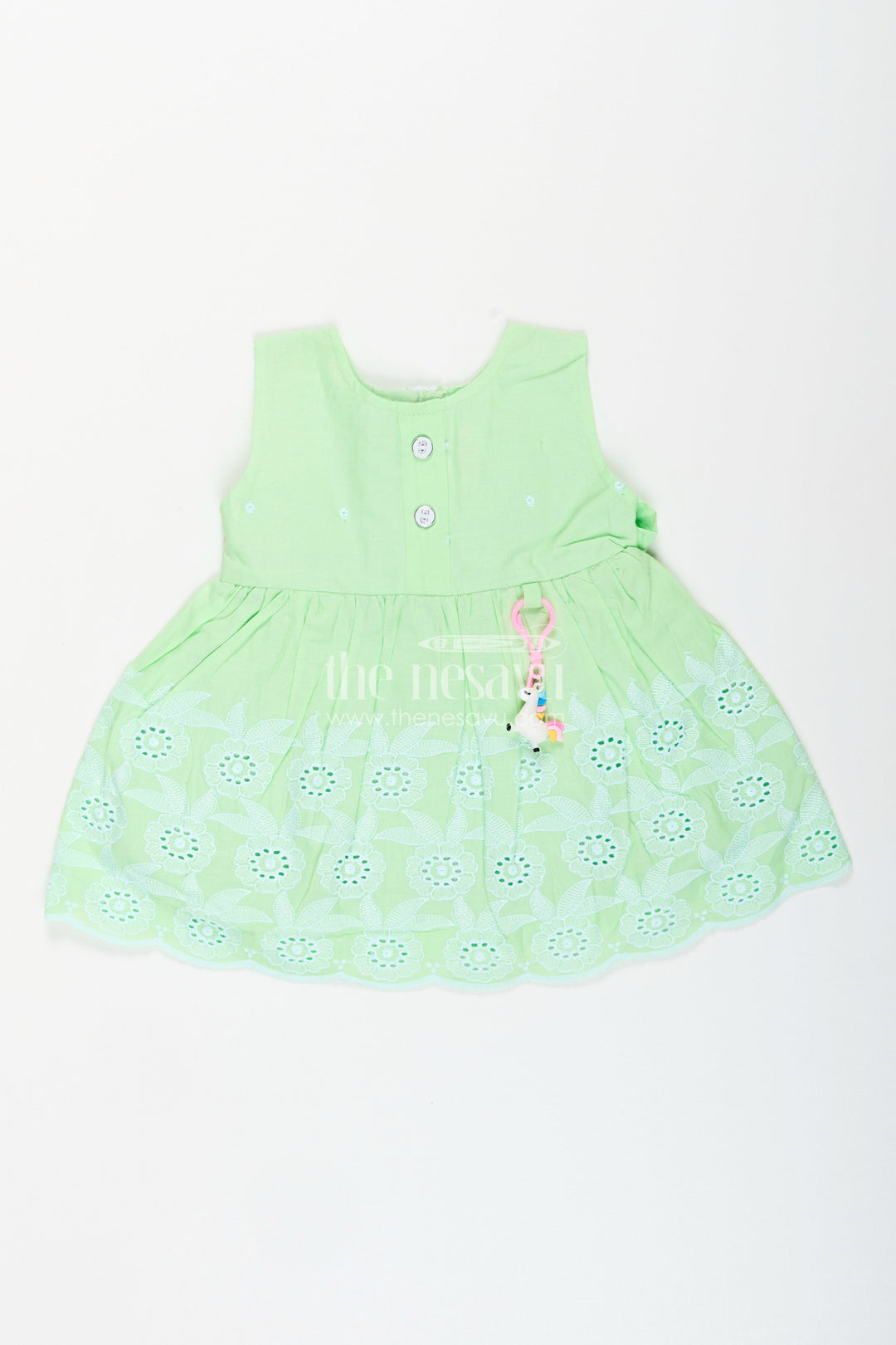 The Nesavu Baby Cotton Frocks Green sleeveless frock for baby girls with floral embroidery Nesavu 14 (6M) / Green BFJ857A-14 Nesavu green sleeveless frock for baby girls with embroidered hem for summer outings