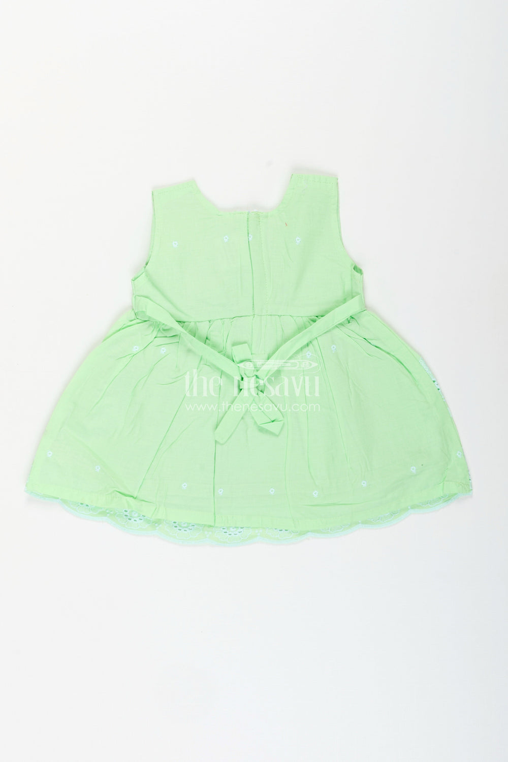 The Nesavu Baby Cotton Frocks Green sleeveless frock for baby girls with floral embroidery Nesavu 16 (1Y) / Green BFJ857A-16 Nesavu green sleeveless frock for baby girls with embroidered hem for summer outings