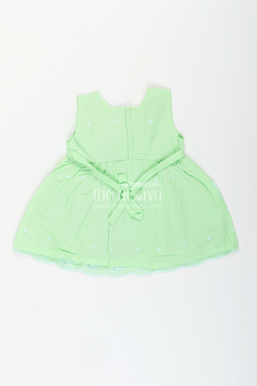 The Nesavu Baby Cotton Frocks Green sleeveless frock for baby girls with floral embroidery Nesavu 16 (1Y) / Green BFJ857A-16 Nesavu green sleeveless frock for baby girls with embroidered hem for summer outings