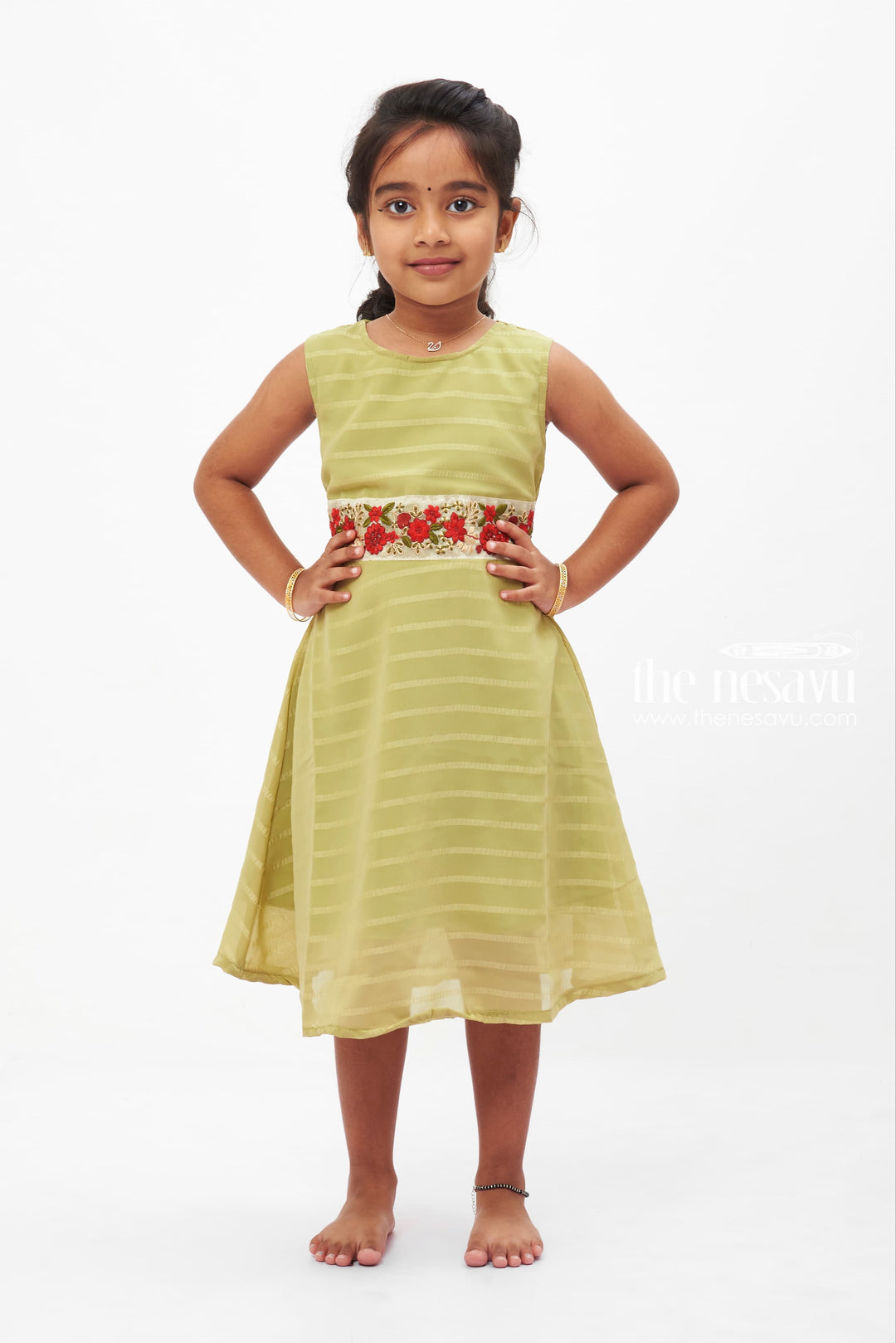 The Nesavu Girls Fancy Frock Green Striped with Embroidered Frock: Sleeveless Summer Charm for Girls Nesavu 18 (2Y) / Green GFC1212B-18 Sleeveless Striped Frock | Refreshing Daywear for Kids | The Nesavu