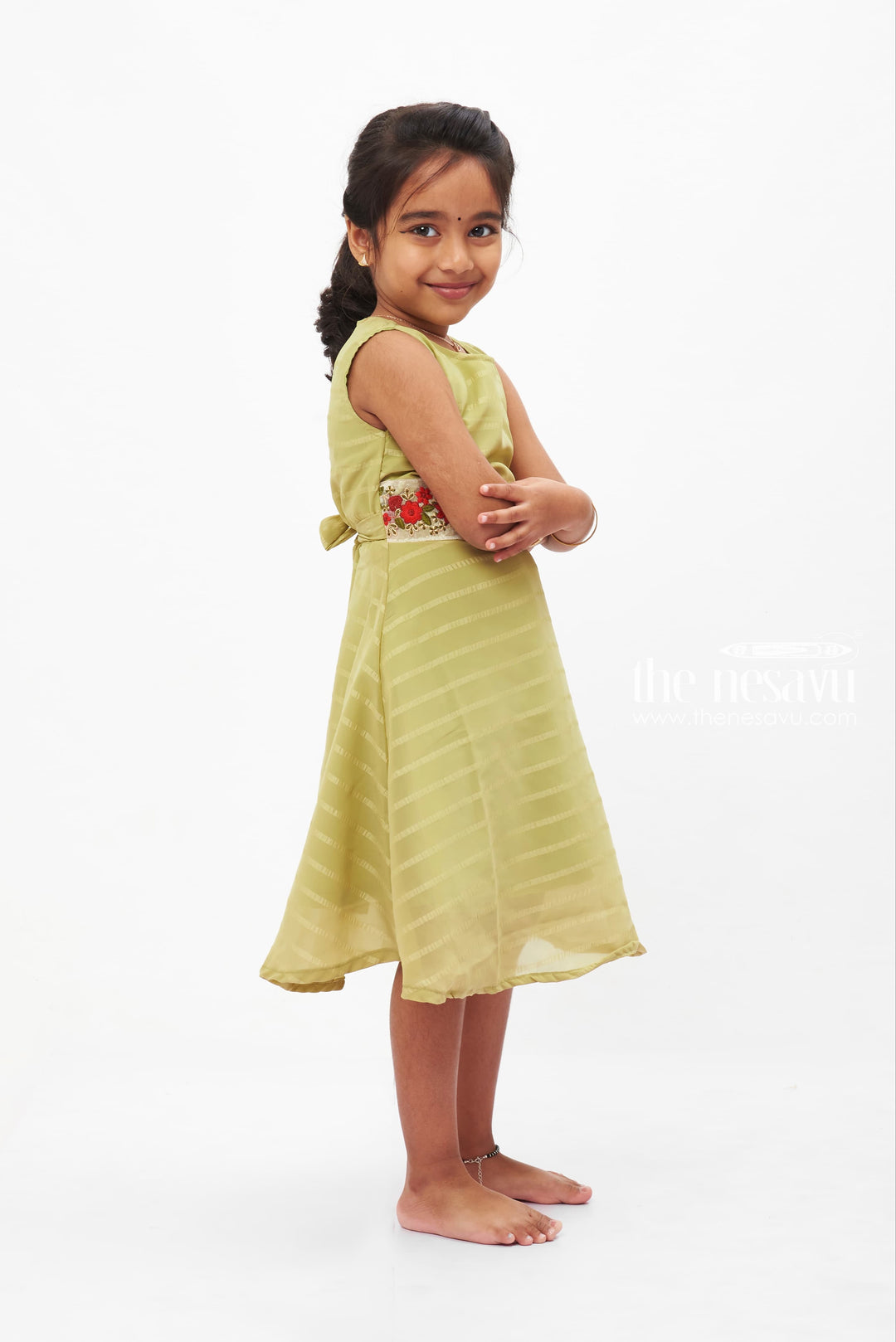 The Nesavu Girls Fancy Frock Green Striped with Embroidered Frock: Sleeveless Summer Charm for Girls Nesavu Sleeveless Striped Frock | Refreshing Daywear for Kids | The Nesavu