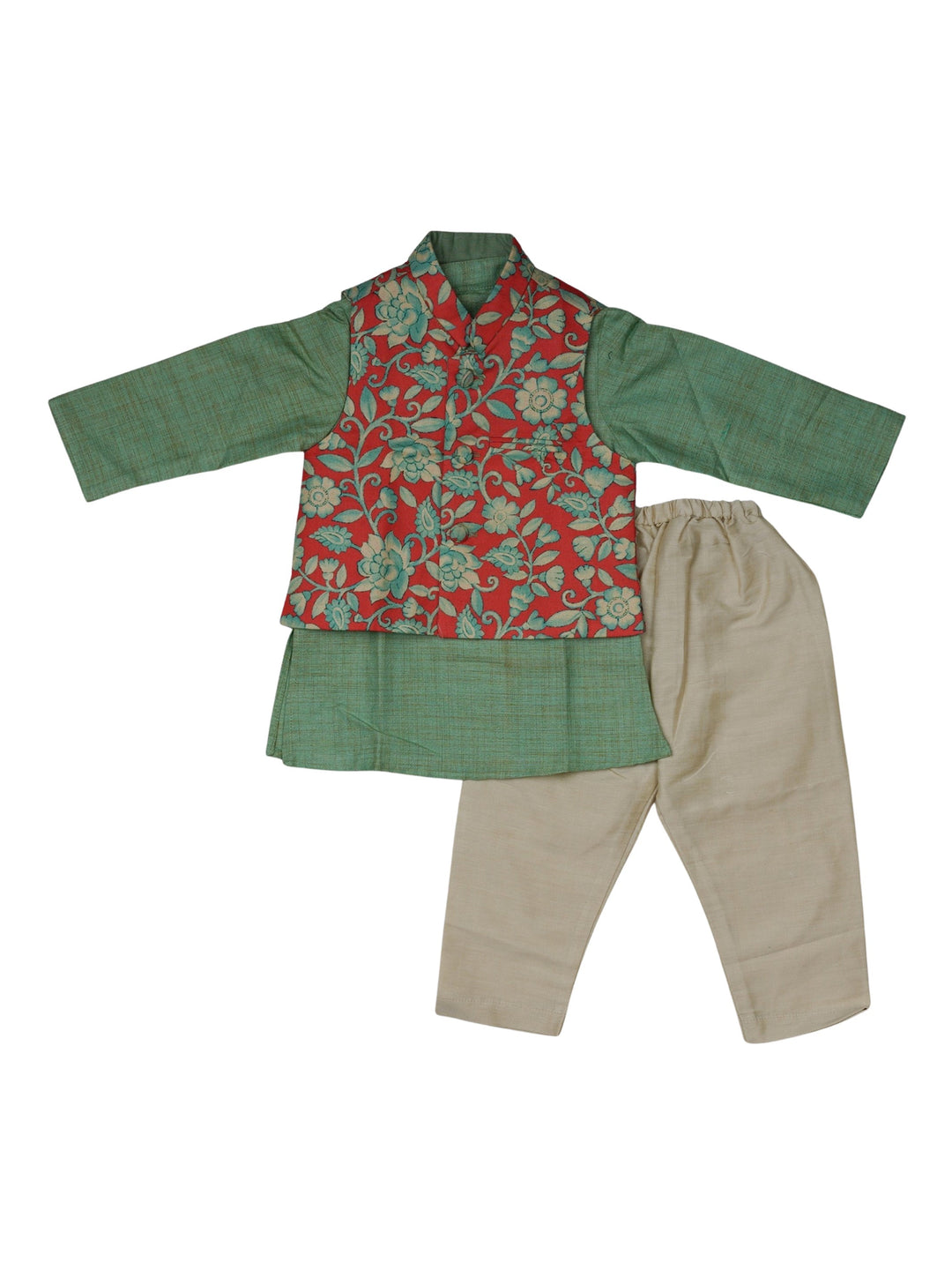 The Nesavu Boys Dothi Set Green Three Piece Kurta Set With Overcoat And Half-White Pant For Little Boys psr silks Nesavu 10 (NB) / Multicolor BES78B