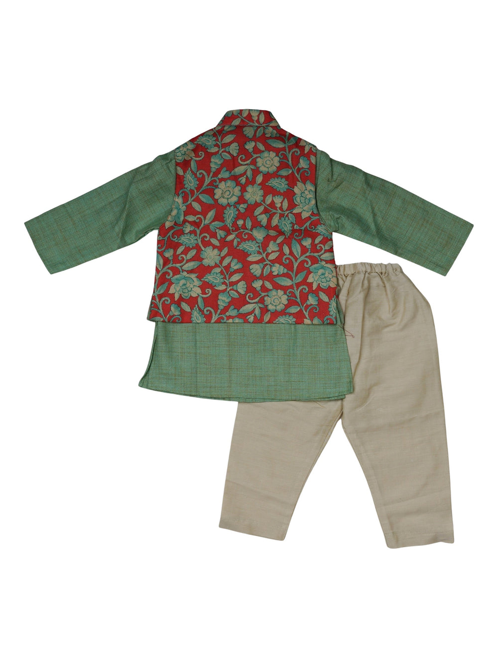 The Nesavu Boys Dothi Set Green Three Piece Kurta Set With Overcoat And Half-White Pant For Little Boys psr silks Nesavu