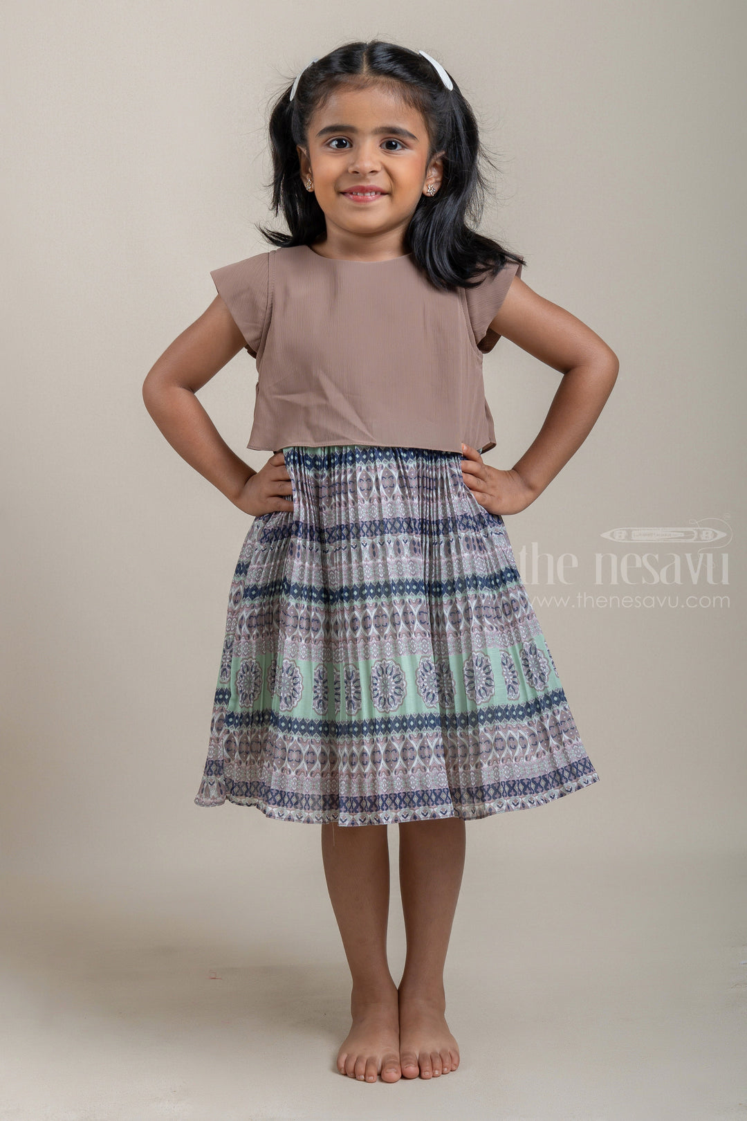 The Nesavu Frocks & Dresses Green Tiny Pleated Gorgette Brown Frock with Geometrical Stripe Print and Attached Jacket For Girls psr silks Nesavu 16 (1Y) / Brown / Georgette GFC1096A