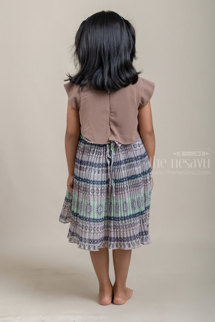 The Nesavu Frocks & Dresses Green Tiny Pleated Gorgette Brown Frock with Geometrical Stripe Print and Attached Jacket For Girls psr silks Nesavu