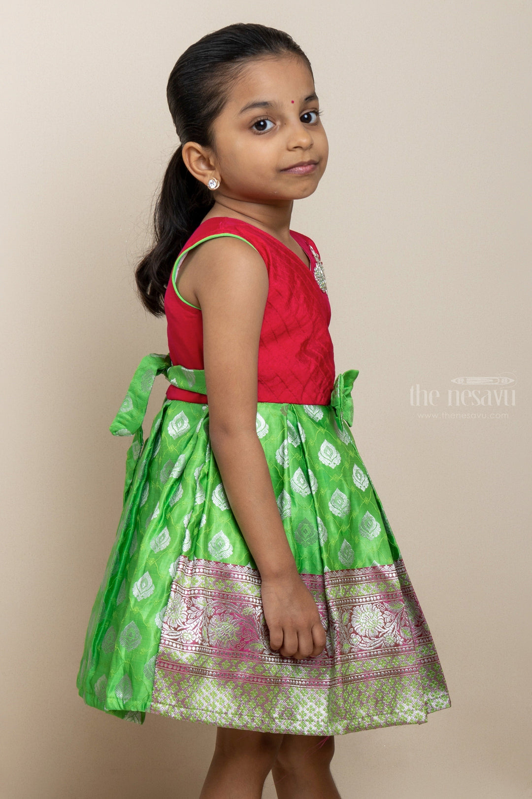 The Nesavu Silk Party Frock Green With Red Designer Silk Frock For New Born Baby Girls Nesavu Silk Dresses For Baby Girls | Embroidery Design Pattern Ideas | The Nesavu
