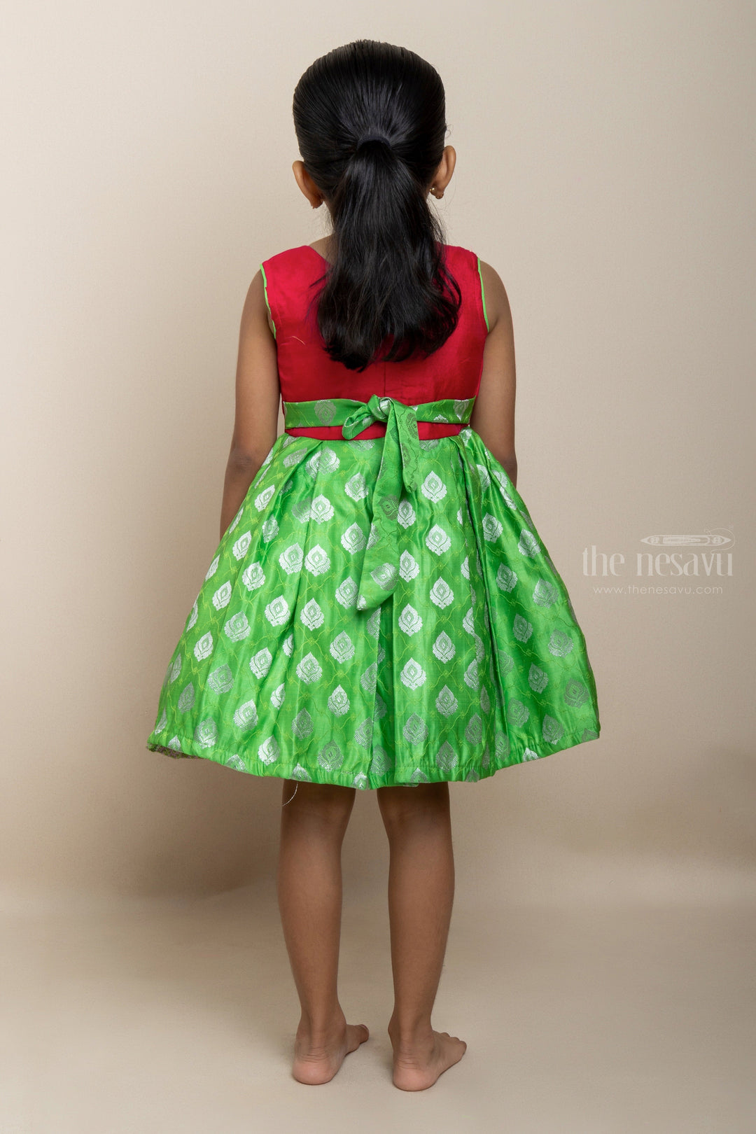 The Nesavu Silk Party Frock Green With Red Designer Silk Frock For New Born Baby Girls Nesavu Silk Dresses For Baby Girls | Embroidery Design Pattern Ideas | The Nesavu