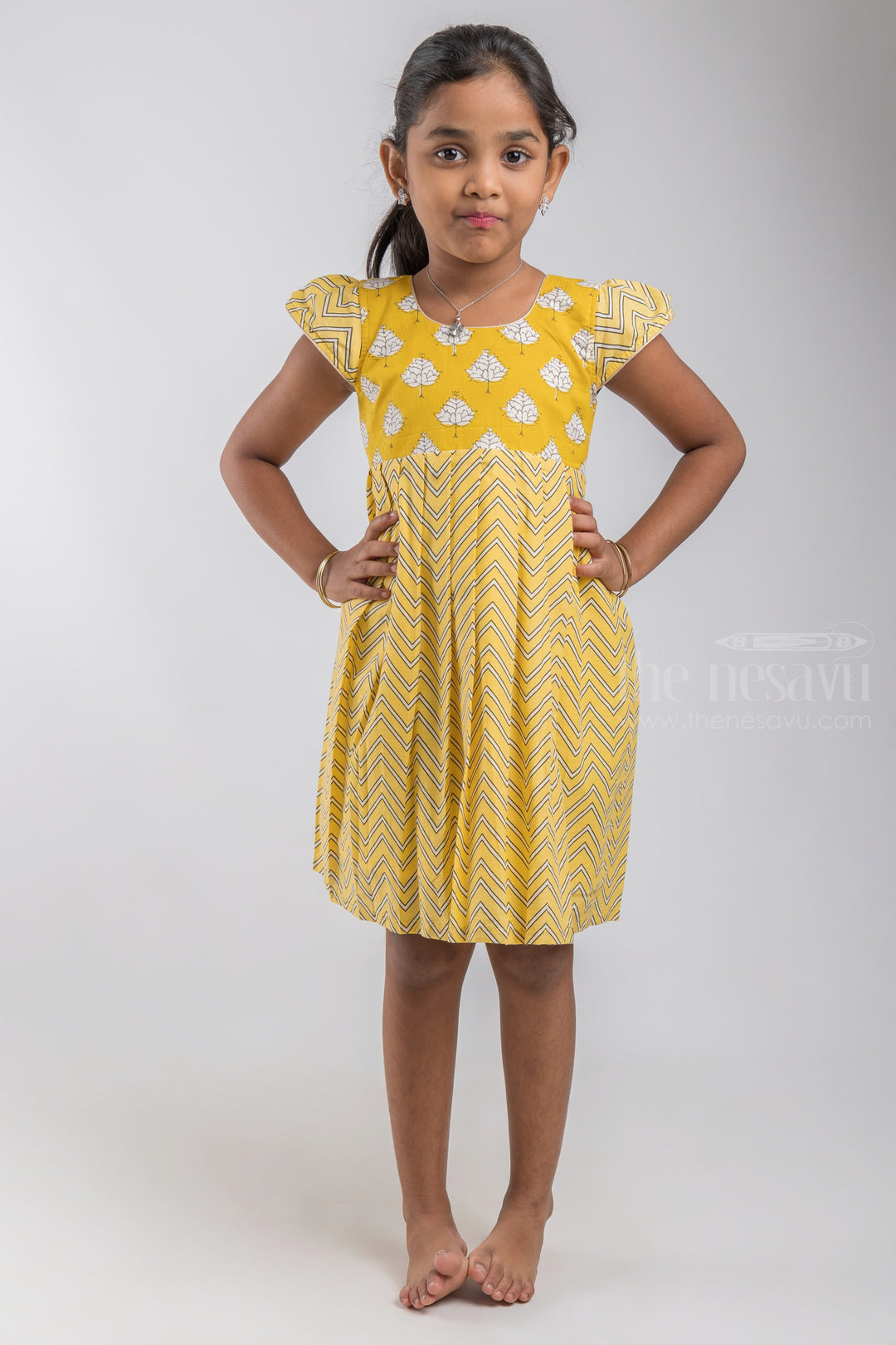 The Nesavu Girls Cotton Frock Greenish Yellow Printed Cotton Gown For Baby Girls psr silks Nesavu 12 (3M) / Yellow / Cotton GFC756