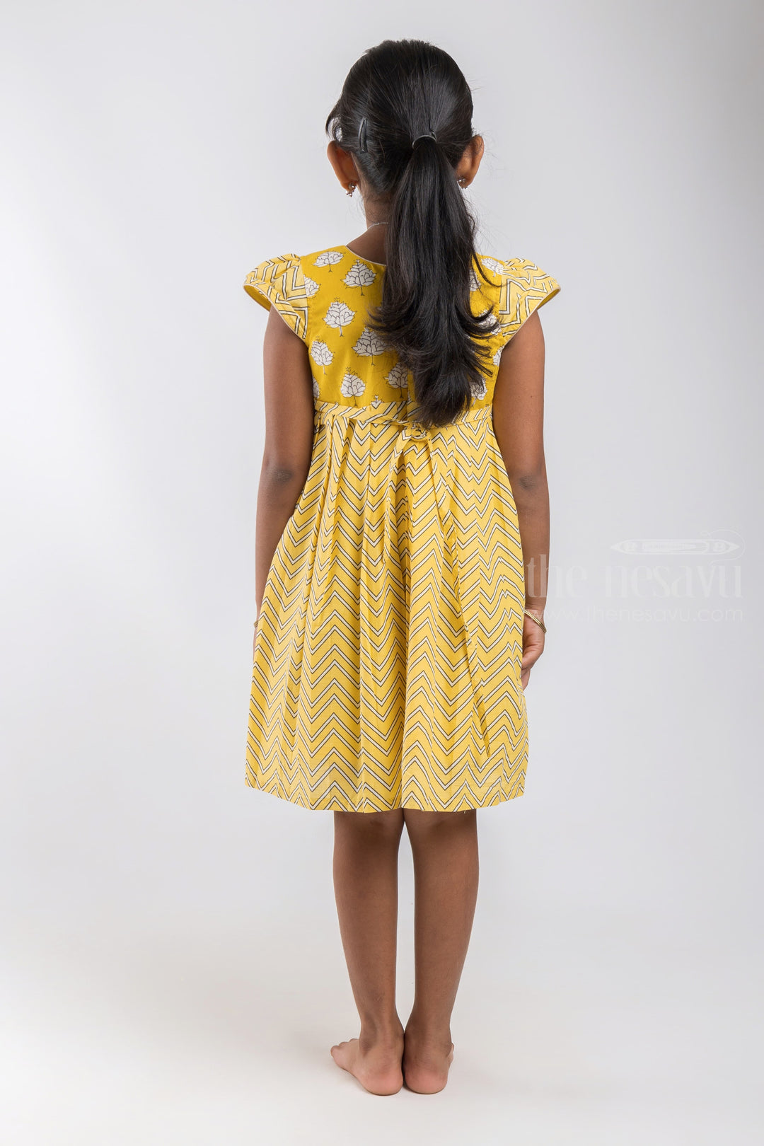 The Nesavu Girls Cotton Frock Greenish Yellow Printed Cotton Gown For Baby Girls psr silks Nesavu