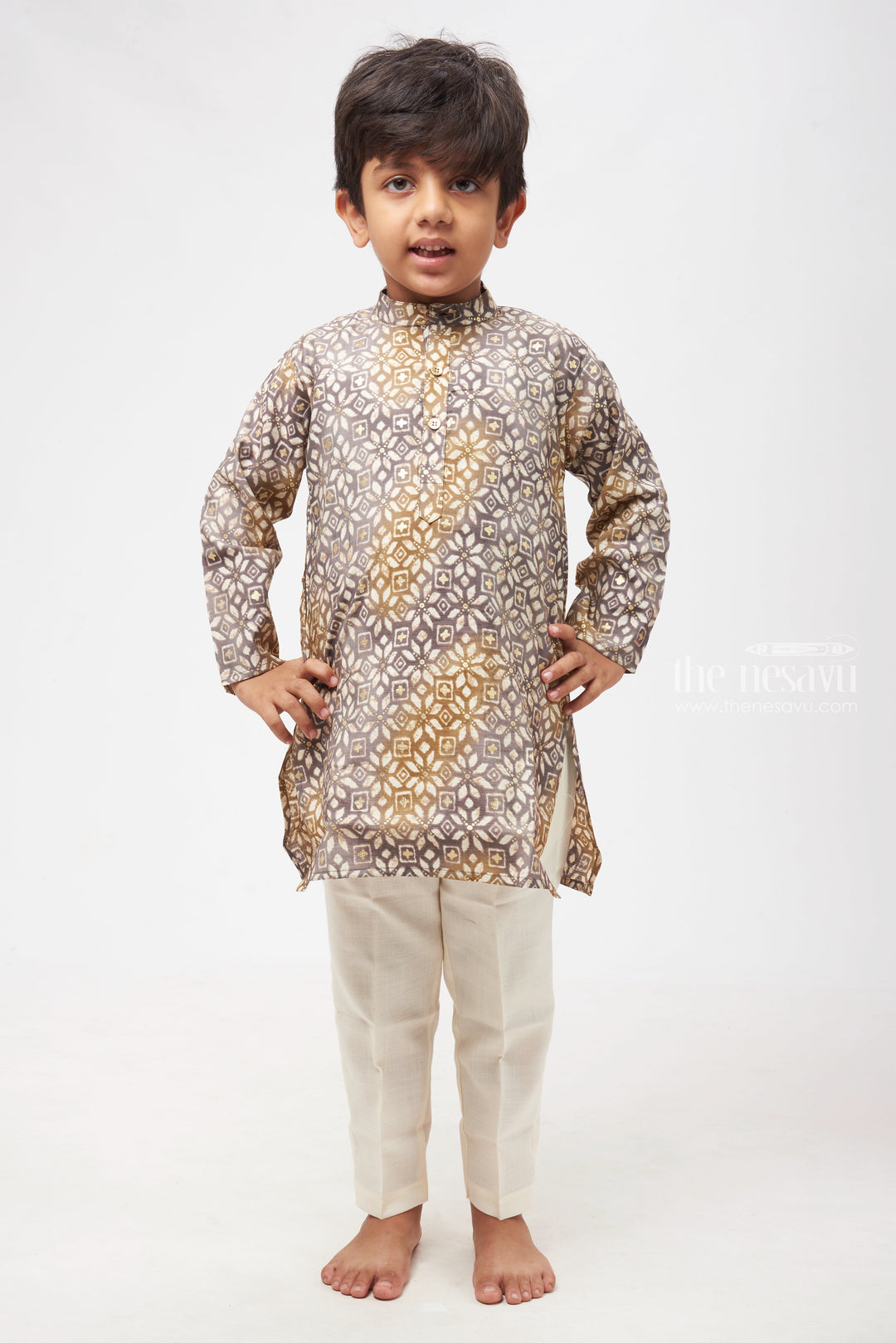 The Nesavu Boys Kurtha Set Grey Elegance: Sophisticated Tile Printed Grey Kurta with Matching Pant for Boys Nesavu 12 (3M) / Gray / Chanderi BES393A-12 Traditional Boys Kurta with Pant | Elegant Kurta Set | The Nesavu