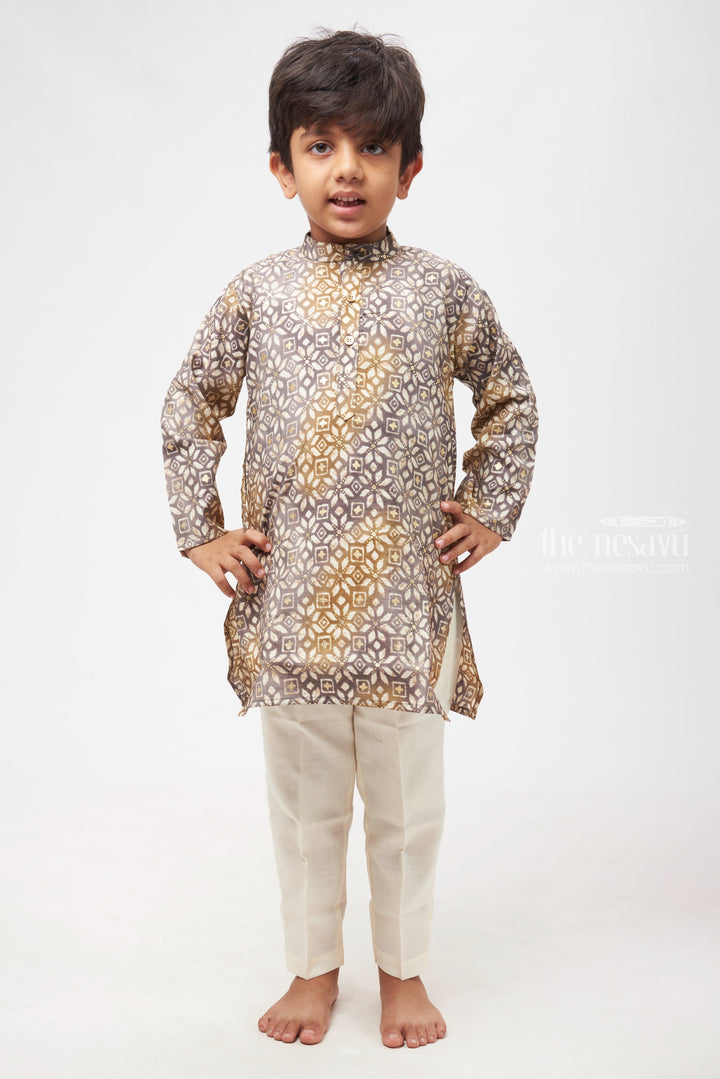 The Nesavu Boys Kurtha Set Grey Elegance: Sophisticated Tile Printed Grey Kurta with Matching Pant for Boys Nesavu 12 (3M) / Gray / Chanderi BES393A-12 Traditional Boys Kurta with Pant | Elegant Kurta Set | The Nesavu