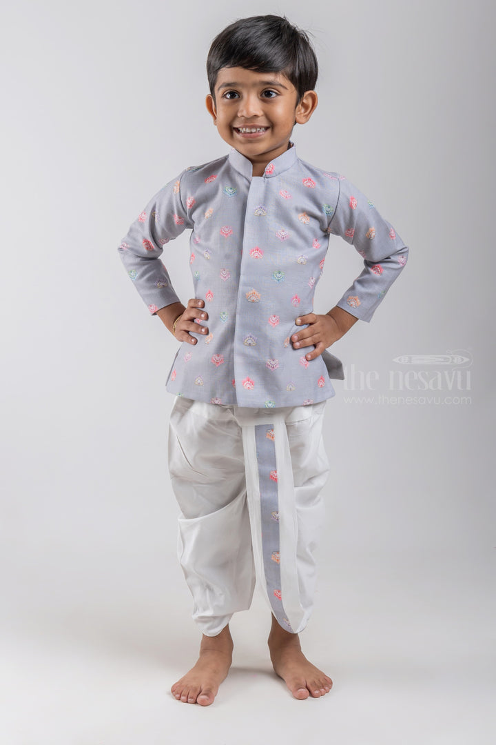The Nesavu Boys Dothi Set Grey Floral Butta Printed Boys Ethnic Kurta with Dhoti Set psr silks Nesavu 10 (NB) / Gray / Silk Blend BES339A