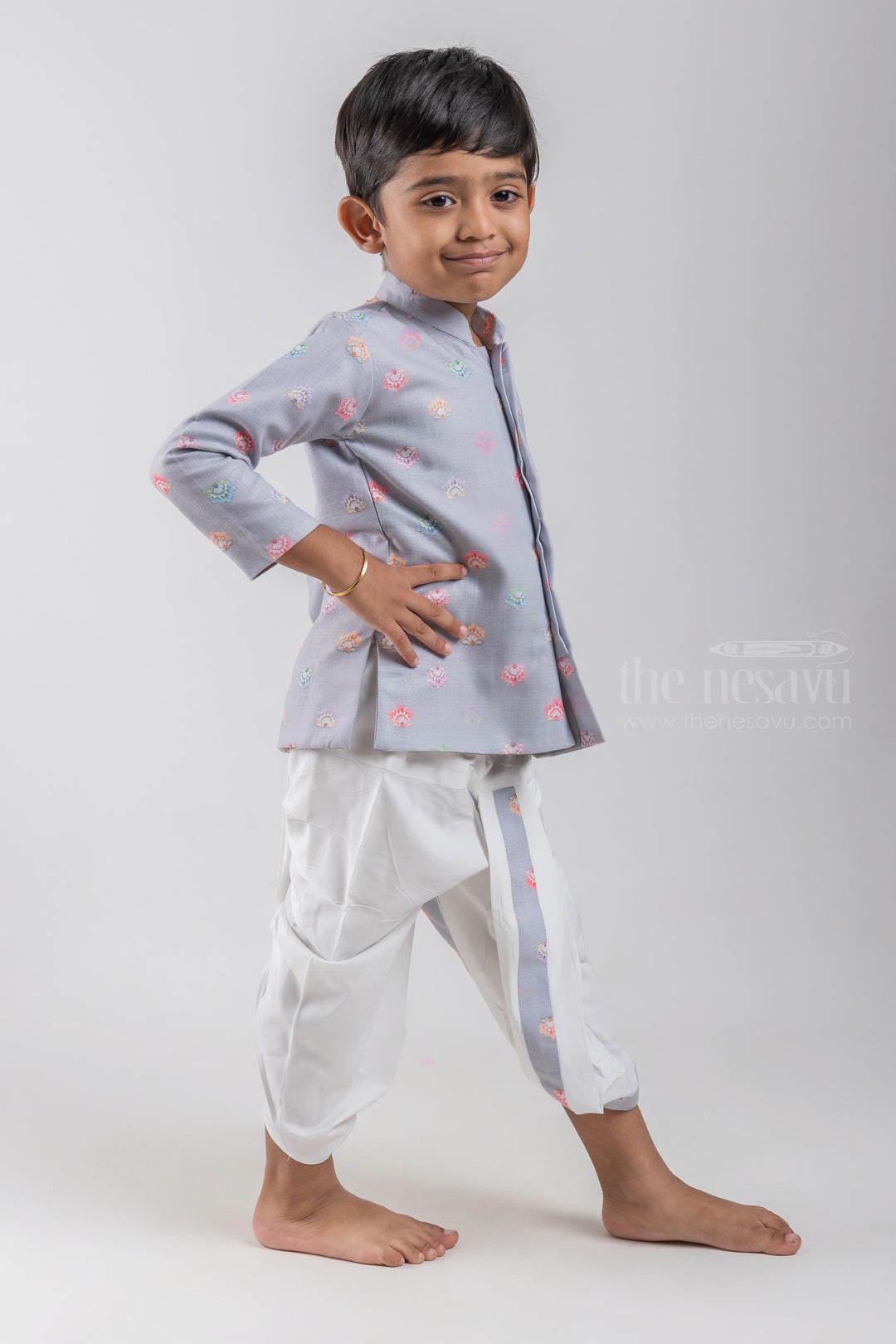 The Nesavu Boys Dothi Set Grey Floral Butta Printed Boys Ethnic Kurta with Dhoti Set psr silks Nesavu