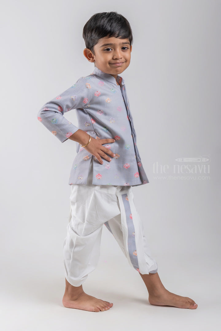 The Nesavu Boys Dothi Set Grey Floral Butta Printed Boys Ethnic Kurta with Dhoti Set psr silks Nesavu