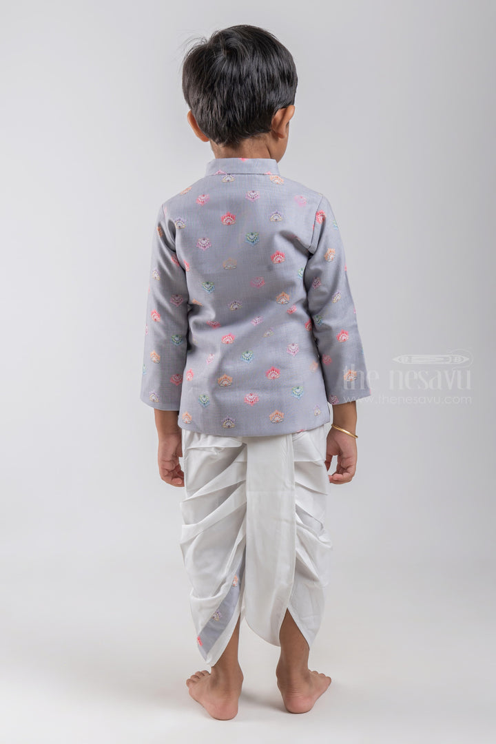 The Nesavu Boys Dothi Set Grey Floral Butta Printed Boys Ethnic Kurta with Dhoti Set psr silks Nesavu