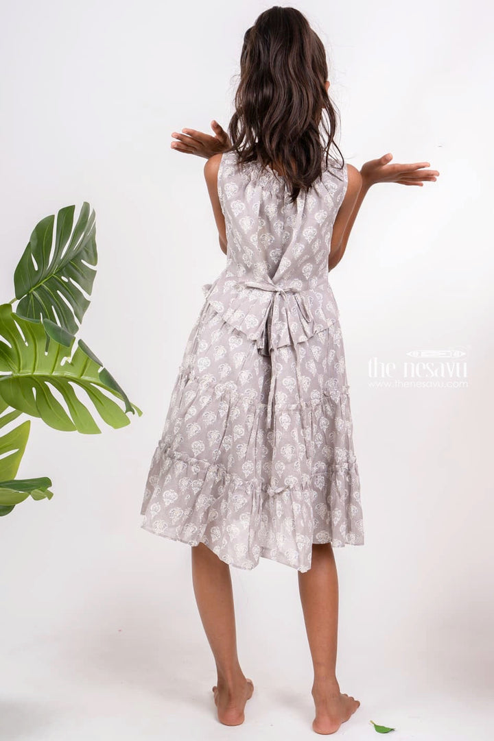 The Nesavu Girls Cotton Frock Grey Ruffled Elastic Neck Pleated Soft Cotton Frock Nesavu 5 year old girls cotton frock | Elastic neck design ideas | the nesavu