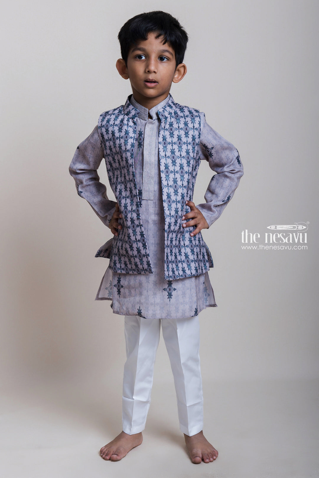 The Nesavu Boys Jacket Sets Grey Three Piece Kurta Set With Overcoat For Little Boys Nesavu 14 (6M) / Blue / Linen BES257A-14 Latest Three Piece Kurta Set 2023| Fresh Design Kurta| The Nesavu