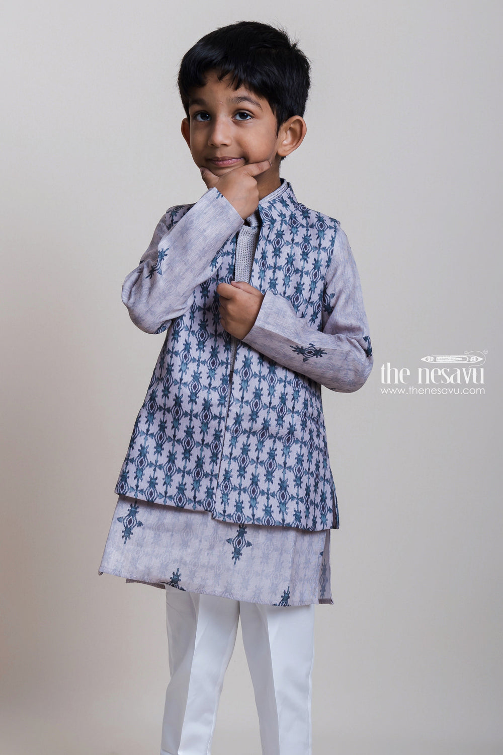 The Nesavu Boys Jacket Sets Grey Three Piece Kurta Set With Overcoat For Little Boys Nesavu Latest Three Piece Kurta Set 2023| Fresh Design Kurta| The Nesavu