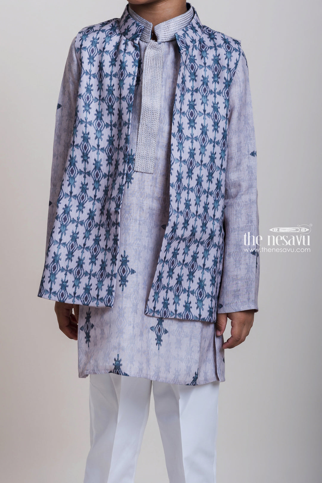 The Nesavu Boys Jacket Sets Grey Three Piece Kurta Set With Overcoat For Little Boys Nesavu Latest Three Piece Kurta Set 2023| Fresh Design Kurta| The Nesavu