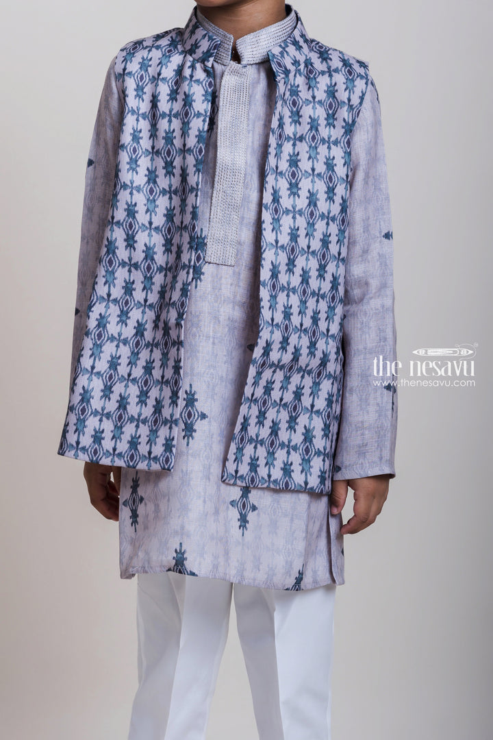 The Nesavu Boys Jacket Sets Grey Three Piece Kurta Set With Overcoat For Little Boys Nesavu Latest Three Piece Kurta Set 2023| Fresh Design Kurta| The Nesavu