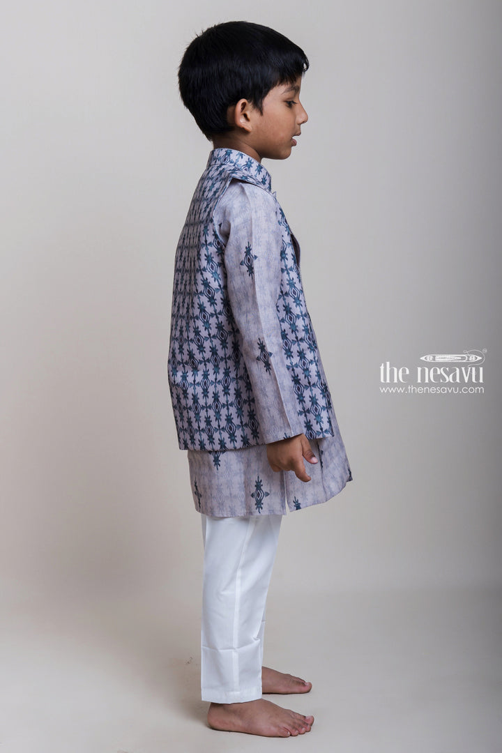 The Nesavu Boys Jacket Sets Grey Three Piece Kurta Set With Overcoat For Little Boys Nesavu Latest Three Piece Kurta Set 2023| Fresh Design Kurta| The Nesavu