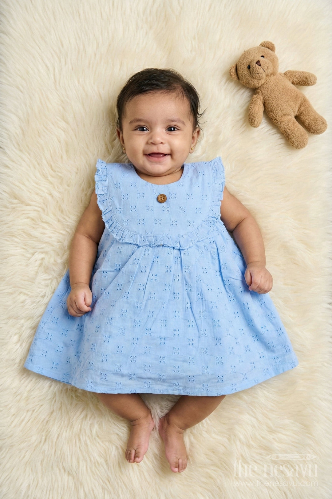 The Nesavu Baby Cotton Frocks Hakoba Cotton Frock for Baby Girls with Ruffled Neckline for Festive Days Nesavu 14 (6M) / Blue BFJ894B-14 Nesavu hakoba cotton frock with ruffled neckline for baby girls’ festive and family occasions