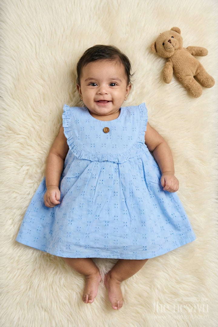 The Nesavu Baby Cotton Frocks Hakoba Cotton Frock for Baby Girls with Ruffled Neckline for Festive Days Nesavu 14 (6M) / Blue BFJ894B-14 Nesavu hakoba cotton frock with ruffled neckline for baby girls’ festive and family occasions