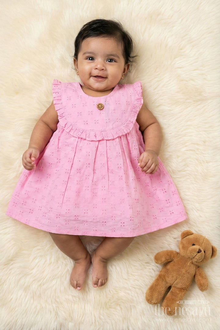 The Nesavu Baby Cotton Frocks Hakoba Cotton Frock for Baby Girls with Sleeveless Flare Design Nesavu 14 (6M) / Pink BFJ894A-14 Nesavu baby girl hakoba cotton frock with sleeveless pleated silhouette for festive casual wear