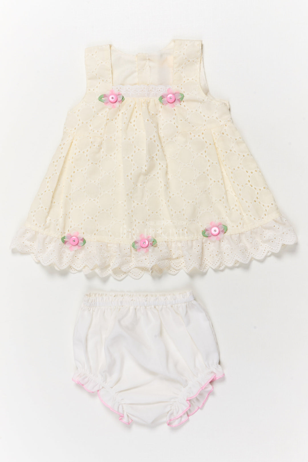 The Nesavu Baby Cotton Frocks Hakoba Frock with Bloomers for Baby Girls’ First Outings Nesavu 14 (6M) / Yellow / Cotton Blend BFJ915A-14 Nesavu baby hakoba frock with floral details and bloomers for first outings and gifting