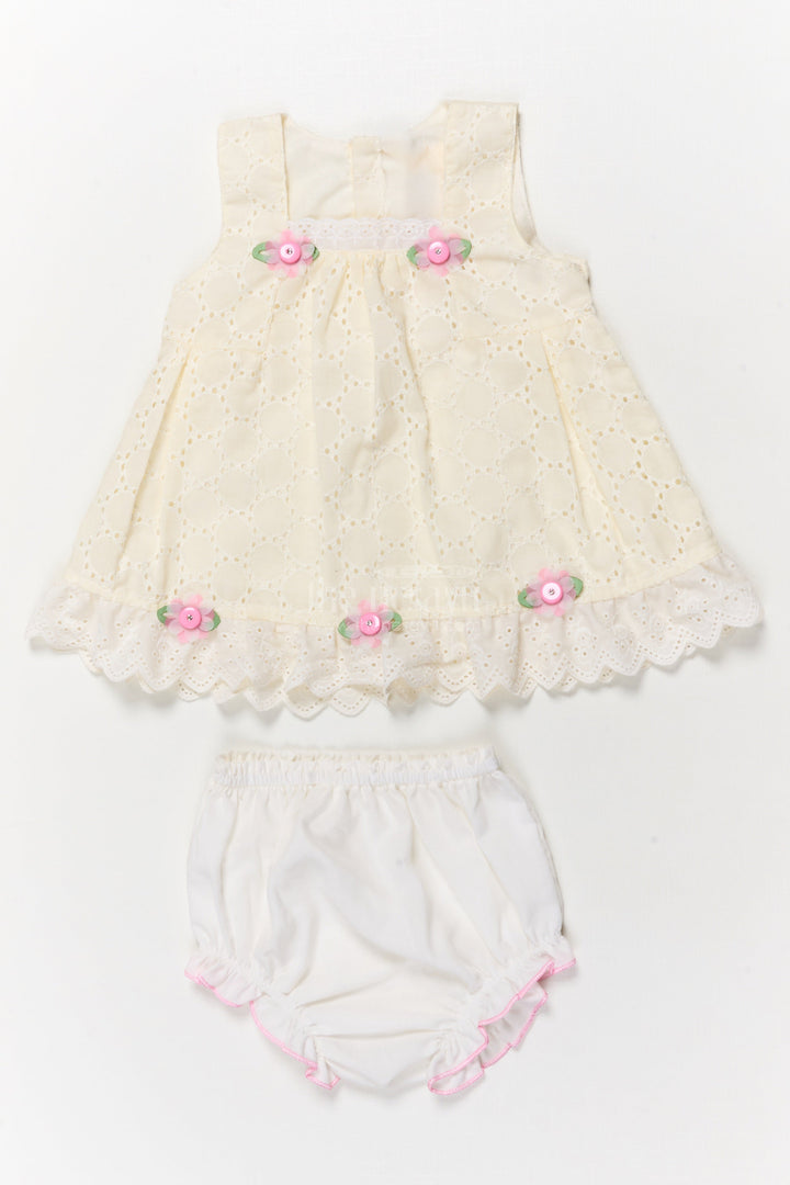 The Nesavu Baby Cotton Frocks Hakoba Frock with Bloomers for Baby Girls’ First Outings Nesavu 14 (6M) / Yellow / Cotton Blend BFJ915A-14 Nesavu baby hakoba frock with floral details and bloomers for first outings and gifting