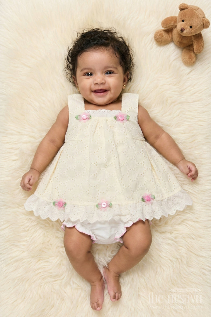 The Nesavu Baby Cotton Frocks Hakoba Frock with Bloomers for Baby Girls’ First Outings Nesavu 14 (6M) / Yellow / Cotton Blend BFJ915A-14 Nesavu baby hakoba frock with floral details and bloomers for first outings and gifting