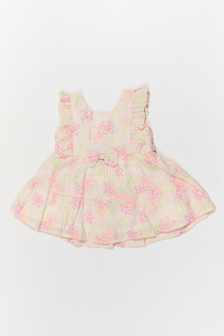 The Nesavu Baby Cotton Frocks Half White Baby Cotton Frock with Colorful Floral Embroidery and Bow Nesavu 14 (6M) / Half white BFJ901B-14 Nesavu half white baby frock with floral embroidery and ruffle sleeves