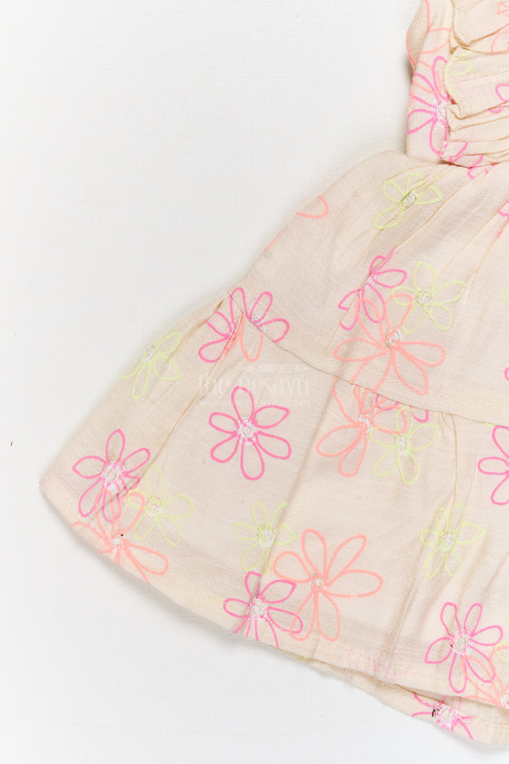 The Nesavu Baby Cotton Frocks Half White Baby Cotton Frock with Colorful Floral Embroidery and Bow Nesavu Nesavu half white baby frock with floral embroidery and ruffle sleeves