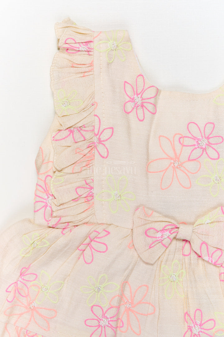 The Nesavu Baby Cotton Frocks Half White Baby Cotton Frock with Colorful Floral Embroidery and Bow Nesavu Nesavu half white baby frock with floral embroidery and ruffle sleeves