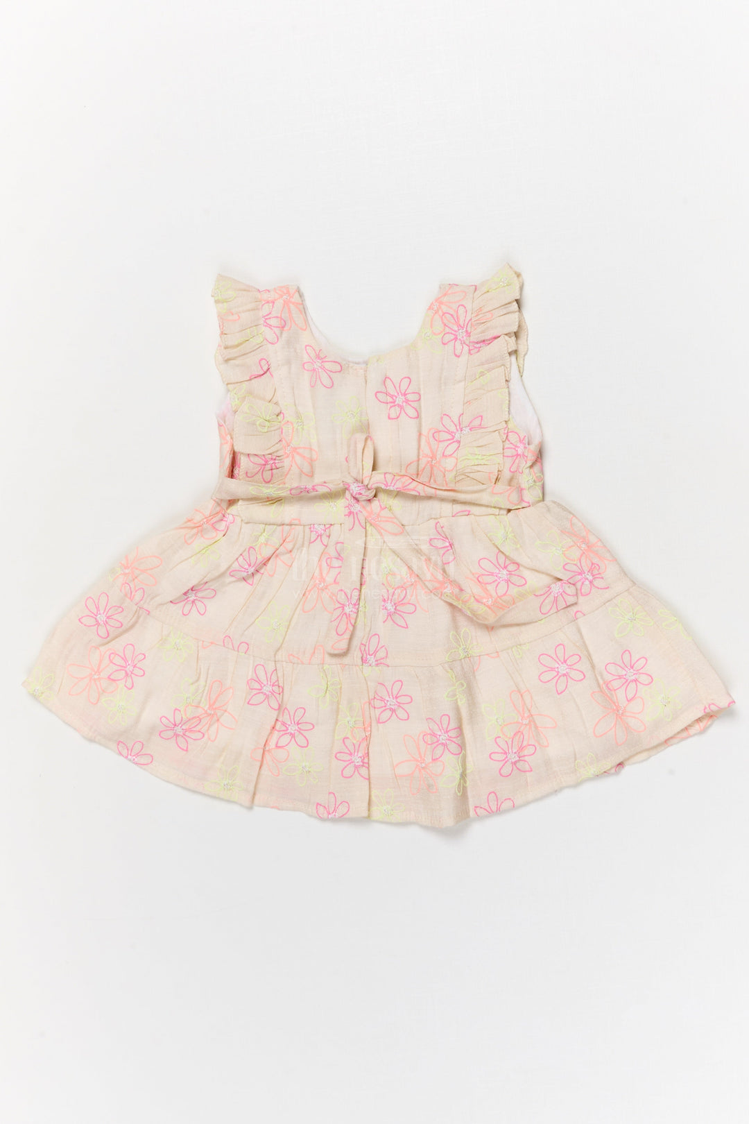 The Nesavu Baby Cotton Frocks Half White Baby Cotton Frock with Colorful Floral Embroidery and Bow Nesavu Nesavu half white baby frock with floral embroidery and ruffle sleeves