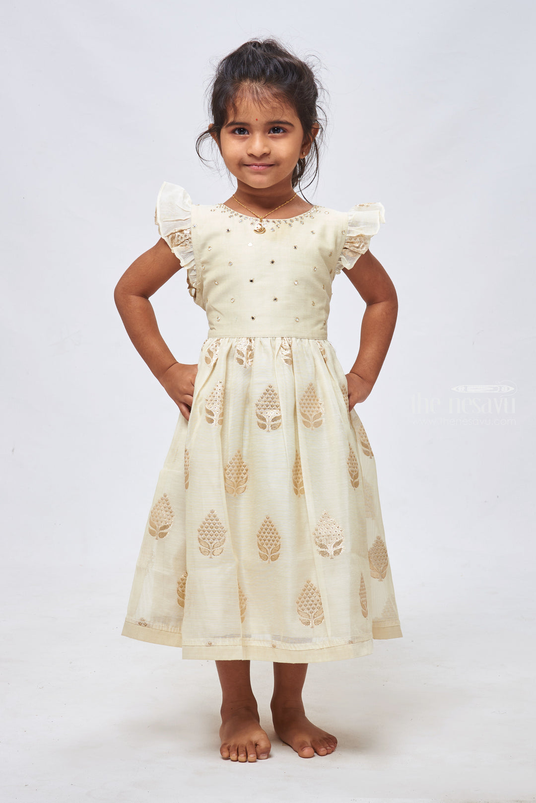 The Nesavu Girls Cotton Frock Half White Butta Beauty: Faux Mirror Embroidered Designer Chanderi Frock for Girls Nesavu 16 (1Y) / Half white / Chanderi GFC1142A-16 Designer Kids Frock | Faux Mirror Embroidered Chanderi - Perfect for Special Occasions | the Nesavu