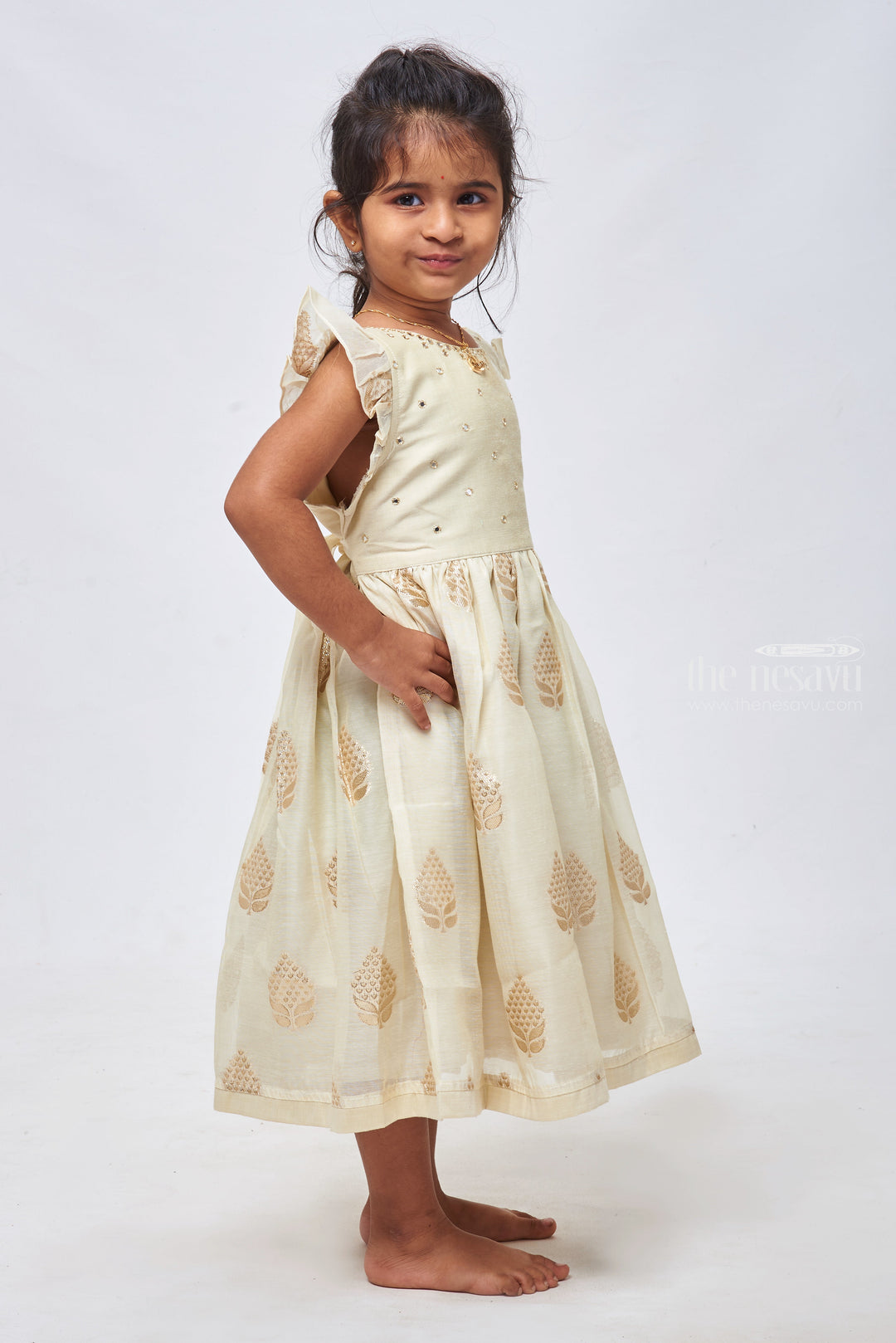 The Nesavu Girls Cotton Frock Half White Butta Beauty: Faux Mirror Embroidered Designer Chanderi Frock for Girls Nesavu Designer Kids Frock | Faux Mirror Embroidered Chanderi - Perfect for Special Occasions | the Nesavu