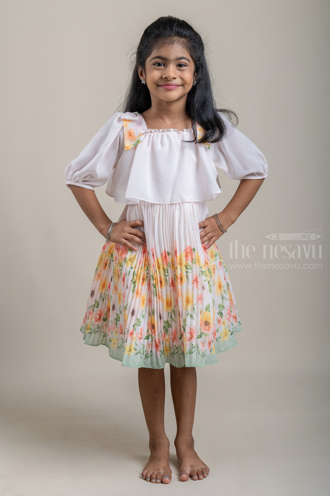 The Nesavu Frocks & Dresses Half White Colour Pleated Gorgette Frock with Multicolour Floral Digital Print and Puff Sleeve psr silks Nesavu 16 (1Y) / White / Georgette GFC1089B