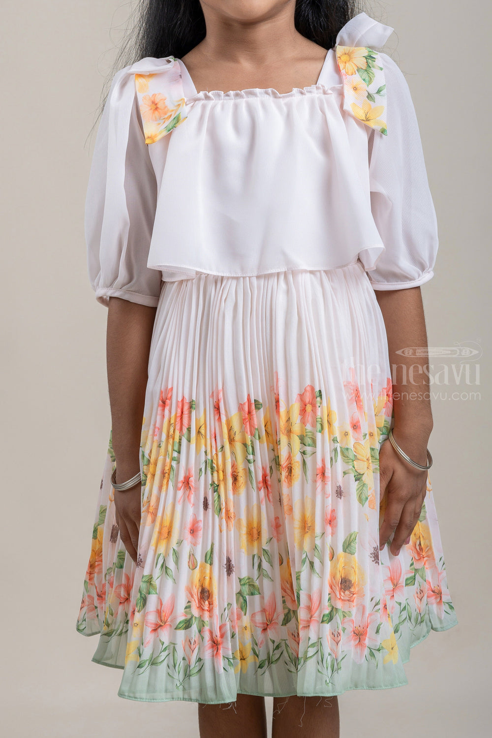 The Nesavu Frocks & Dresses Half White Colour Pleated Gorgette Frock with Multicolour Floral Digital Print and Puff Sleeve psr silks Nesavu