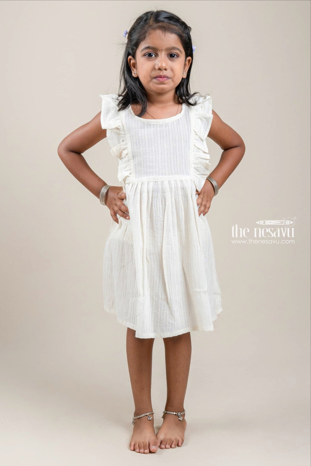 The Nesavu Girls Cotton Frock Half-White Organic Cotton Ruffled-Sleeve Cotton Frock For Girls Nesavu 14 (6M) / Half White / Cotton GFC971A-14 Latest Ladkiyon Ki Frock| Soft Cotton Collection| The Nesavu