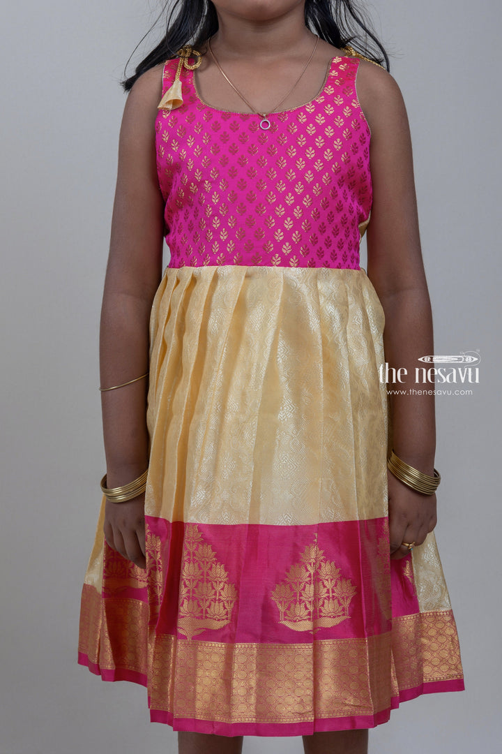 The Nesavu Tie-up Frock Half White Pink Designer Jacquard Silk Tie-Up Frock For New Born Baby Girls Nesavu Designer Silk Tie-Up Gown For Girls | Latest Festive Wear Collection 2022 | The Nesavu