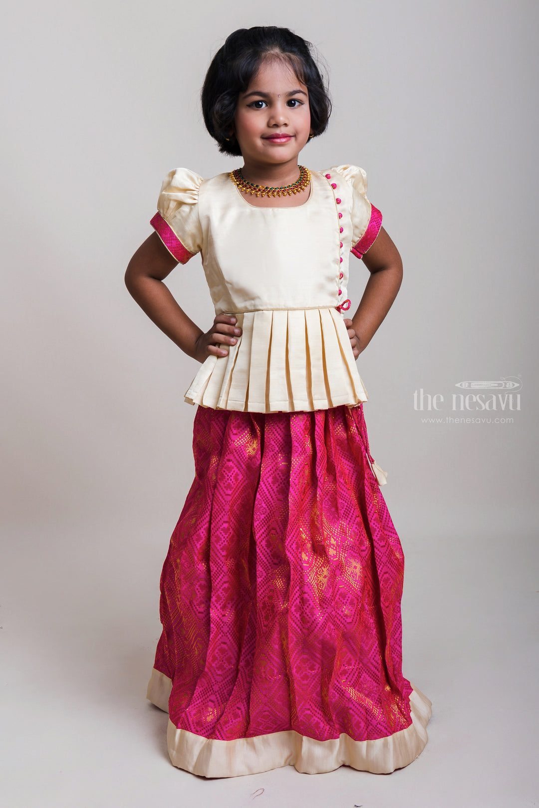 The Nesavu Pattu Pavadai Half-White Silk Blouse With Tassel And Pink Pavadai For Girls Nesavu 16 (1Y) / Pink / Jacquard GPP252-16 White And Pink Pattu Pavada Dresses| Festive Wear Collection| The Nesavu